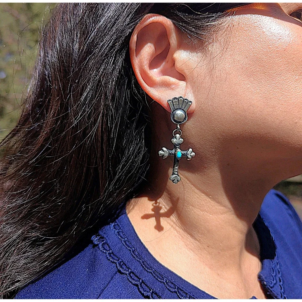 Native Am Earrings Navajo Iodize Sterling Silver Cross Turquoise Jewelry**